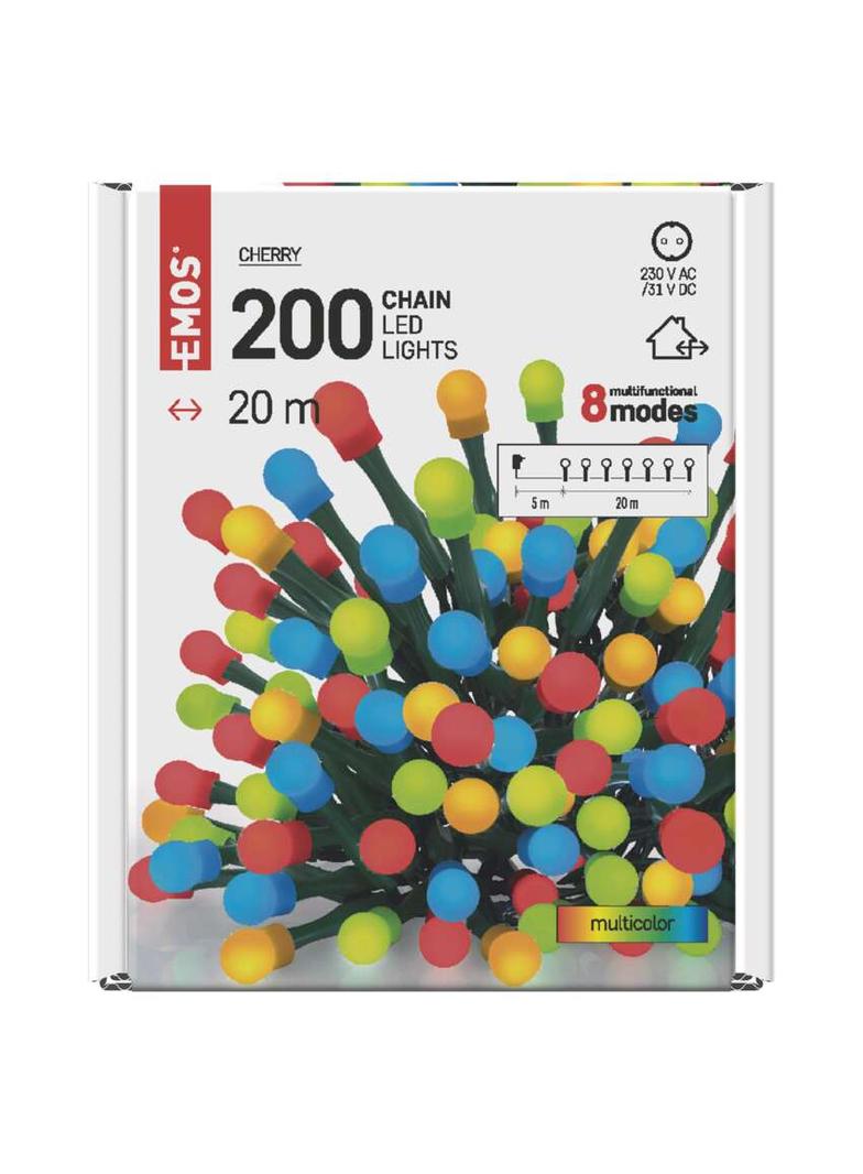 Lampki choinkowe 200 LED cherry 20m multikolor zielony przewód 8 programów IP44 D5AM06 EMOS