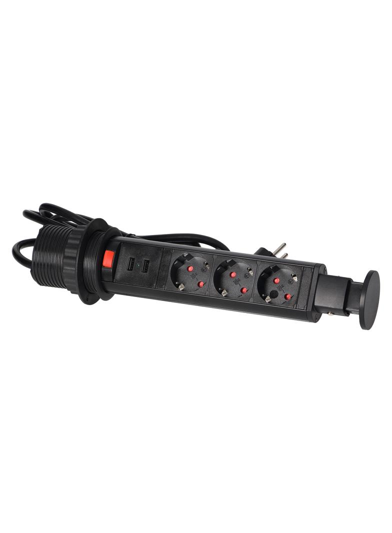 Gniazdo meblowe O6cm wysuwane z blatu z ładowarką USB, blokadą i przewodem 1,8m, 3x2P+Z (Schuko), cz OR-AE-1349(GS)/B ORNO