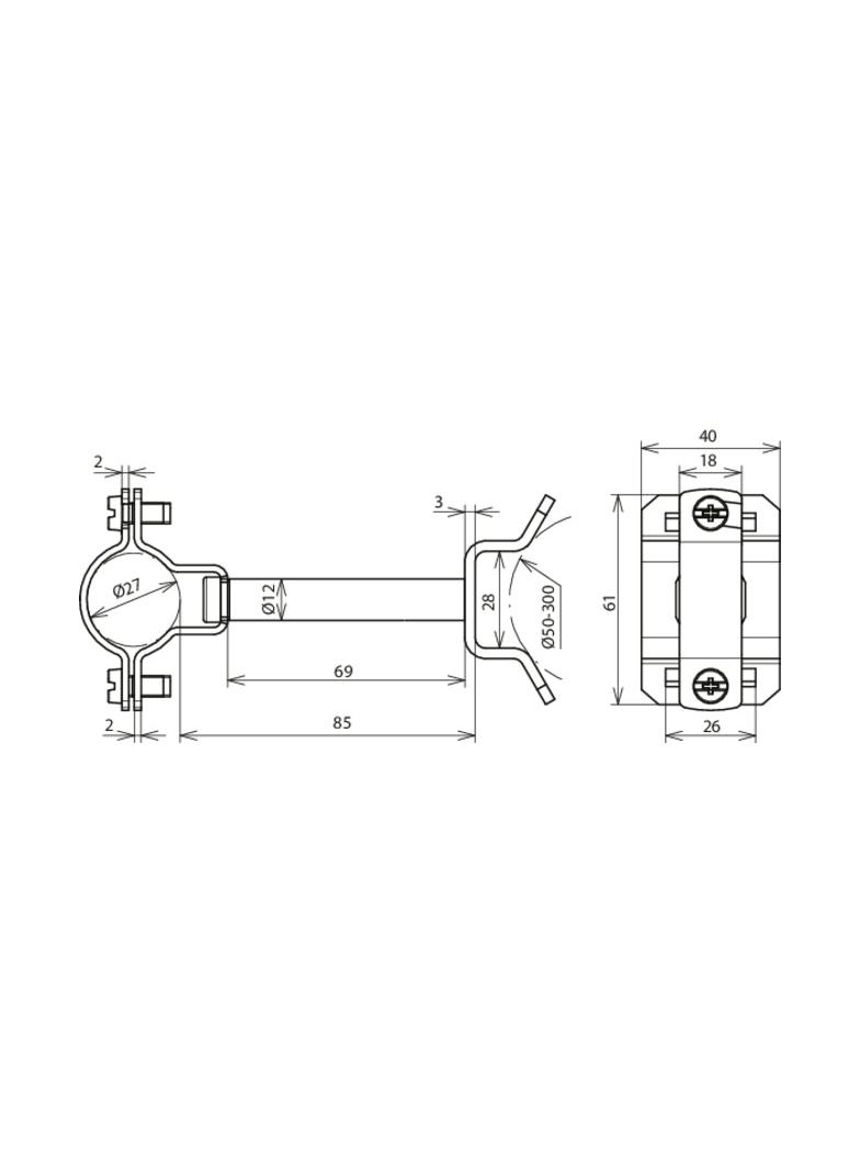 Wspornik HVI-Ex P85 ze stali nierdzewnej NIRO, fi 27 mm, AS 85 mm, z obejmą taśmową do rur 50-300 mm