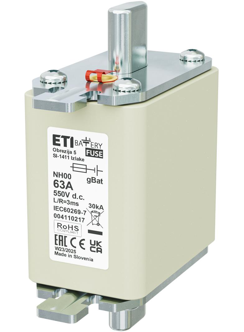 Wkładka topikowa NH do ochrony akumulatorów, magazynów energii DC NH00 gBat 63A 550V DC 004110217 ETI