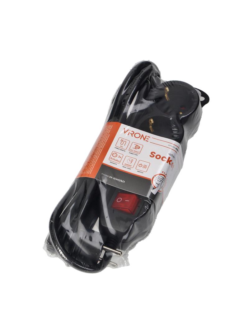 Przedłużacz 3-krotny 2P+Z (Schuko) , z wyłącznikiem, 3m H05VV-F 3x1,5mm2, Imax=16A, płaska wtyczka,
