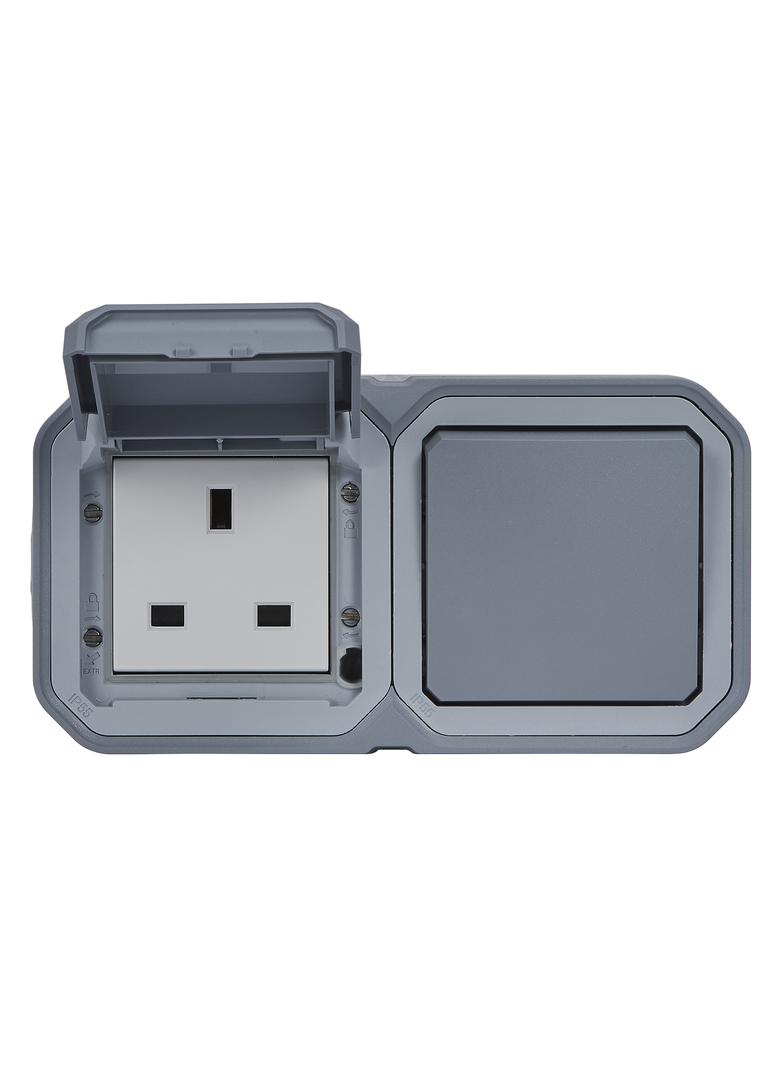 NOWE PLEXO - GN. BRYTYJSKIE 2P+Z + ŁĄCZ. SCHODOWY NATYNKOWE 16A- 250V~ SZARE
