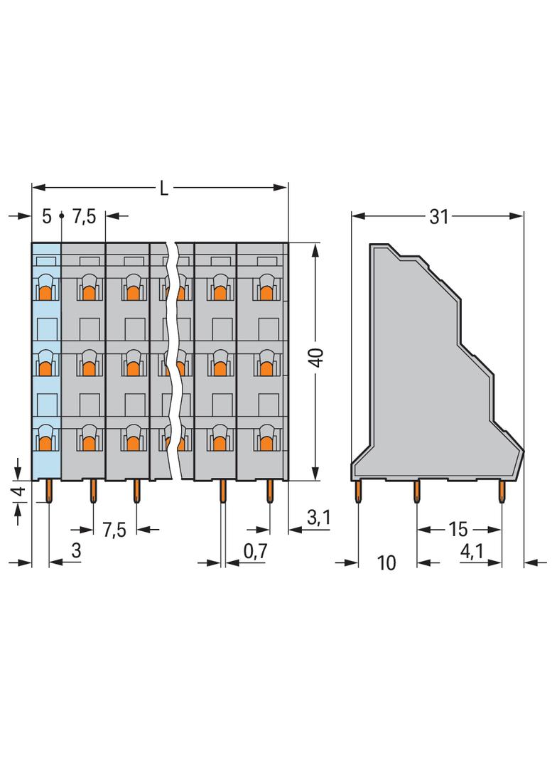 3-piętrowa listwa do pł. drukowanych 6-bieg. szara raster 7,5 mm /24szt./ WAGO