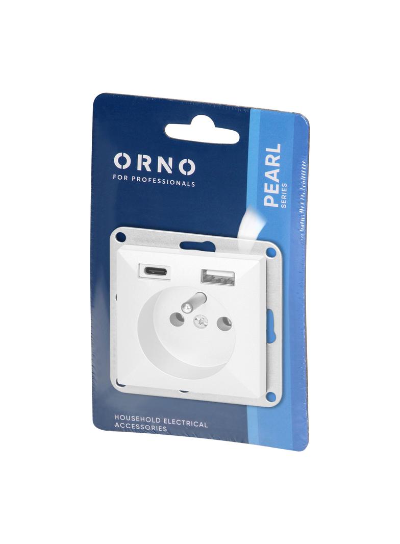 Gniazdo pojedyncze podtynkowe 2P+Z z ładowarką USB A+C Pearl, 16A, 250V, PT-16P/USB, biały OR-OE-7705/USBAC/W ORNO