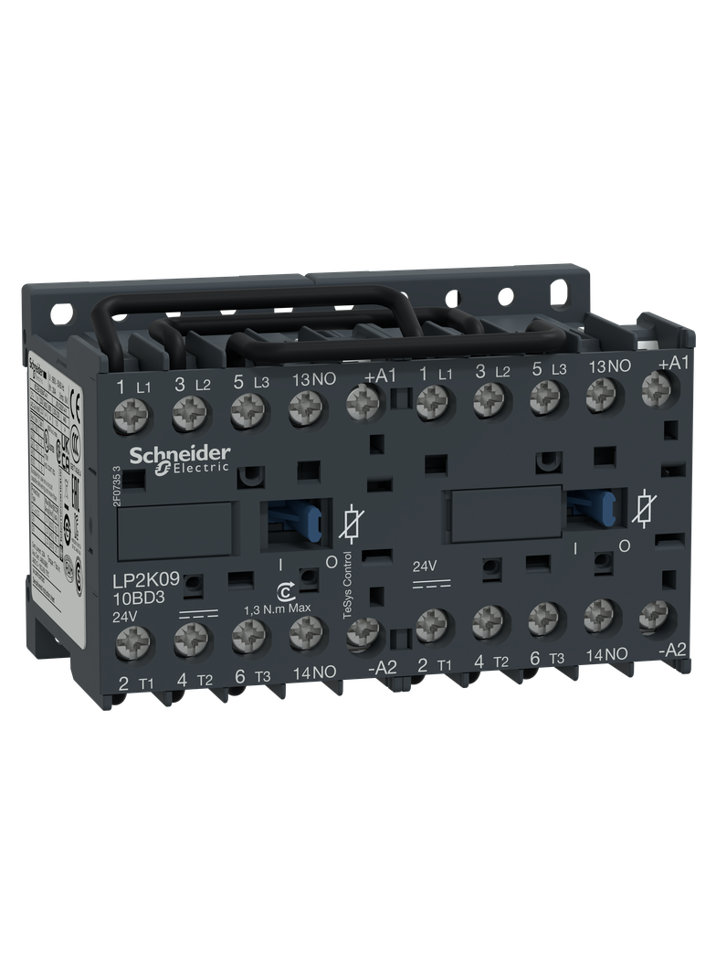 Stycznik nawrotny, TeSys K, 9A, 3P, 1NO, cewka 24VDC, zaciski skrzynkowe LP2K0910BD3