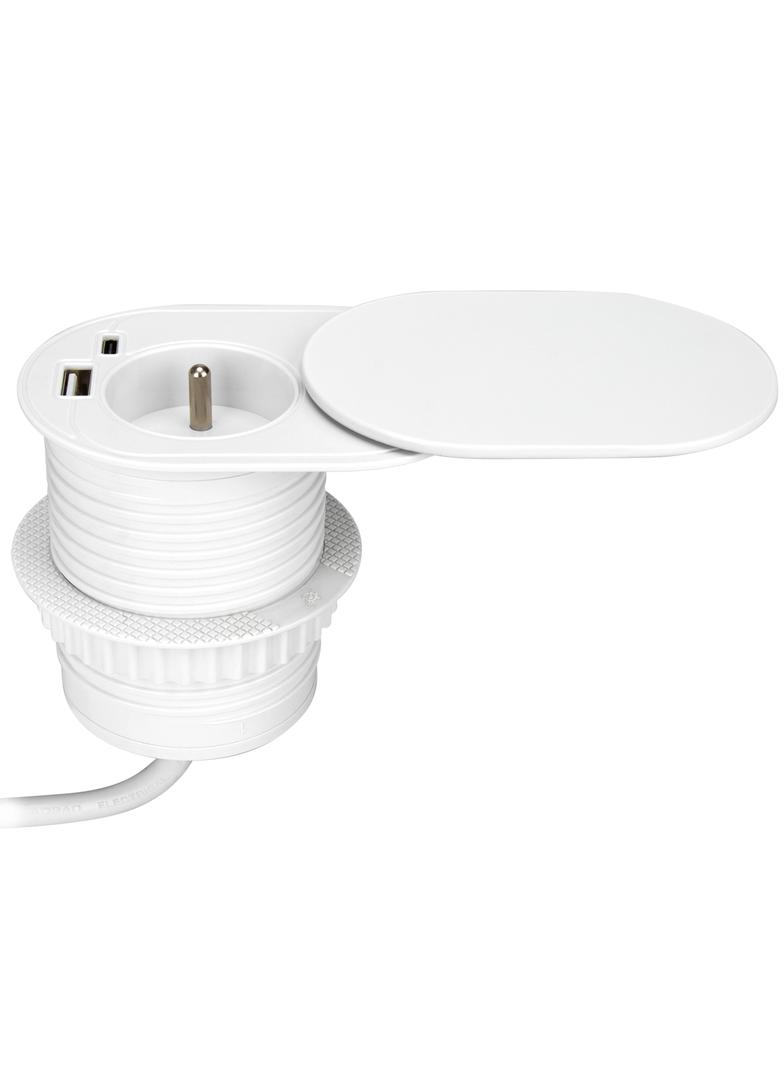 Gniazdo meblowe O6cm, wpuszczane w blat z przesuwną pokrywką, ładowarką USB i przewodem 1,9m, 1x2P+Z