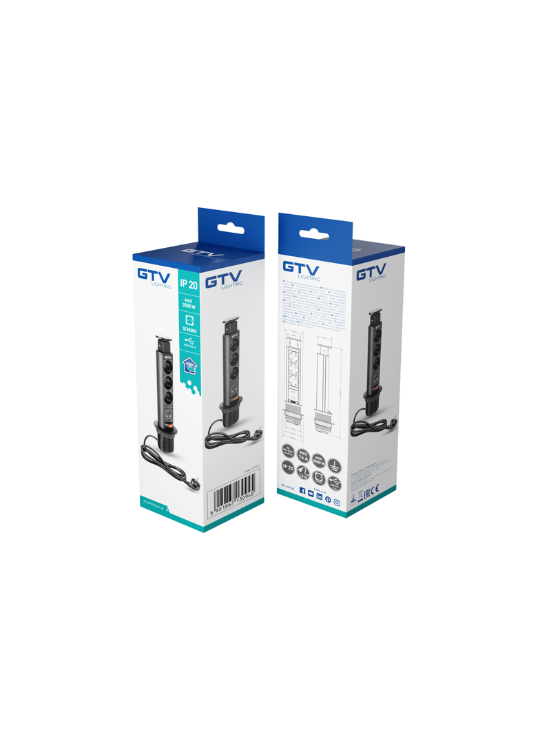 BIURKOWY PRZEDŁUŻACZ WPUSZCZANY 60MM, 3X SCHUCKO, 2XUSB 2,1A 5V (CZARNY)