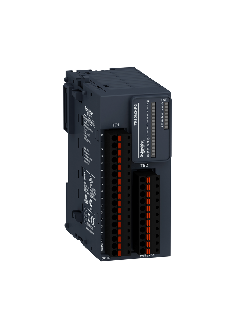 Modicon TM3, moduł We/Wy cyfrowych, 16 wejść, 8 wyjść przekaźnikowych, 24 VDC, zaciski sprężynowe