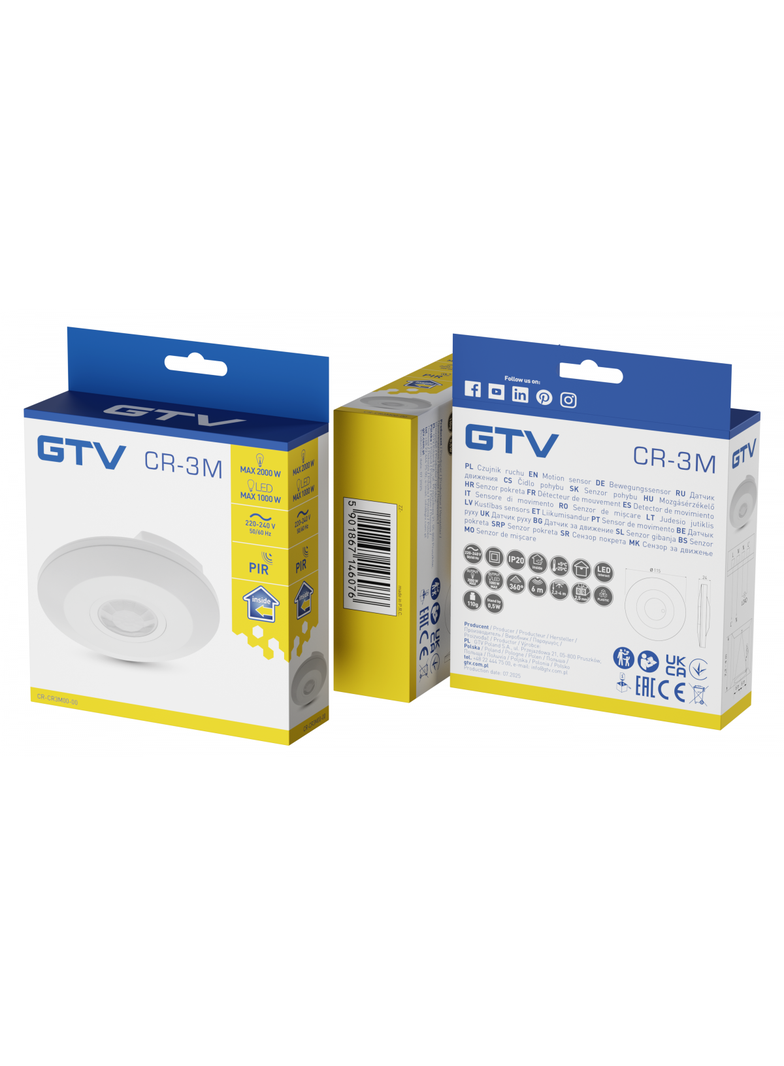 CZUJNIK RUCHU CR-3 MINI, MAX 2000W, AC220-240V, 50/60HZ, KĄT DZIAŁANIA 360*, ZASIĘG 6M ± 2,2- 4M, IP