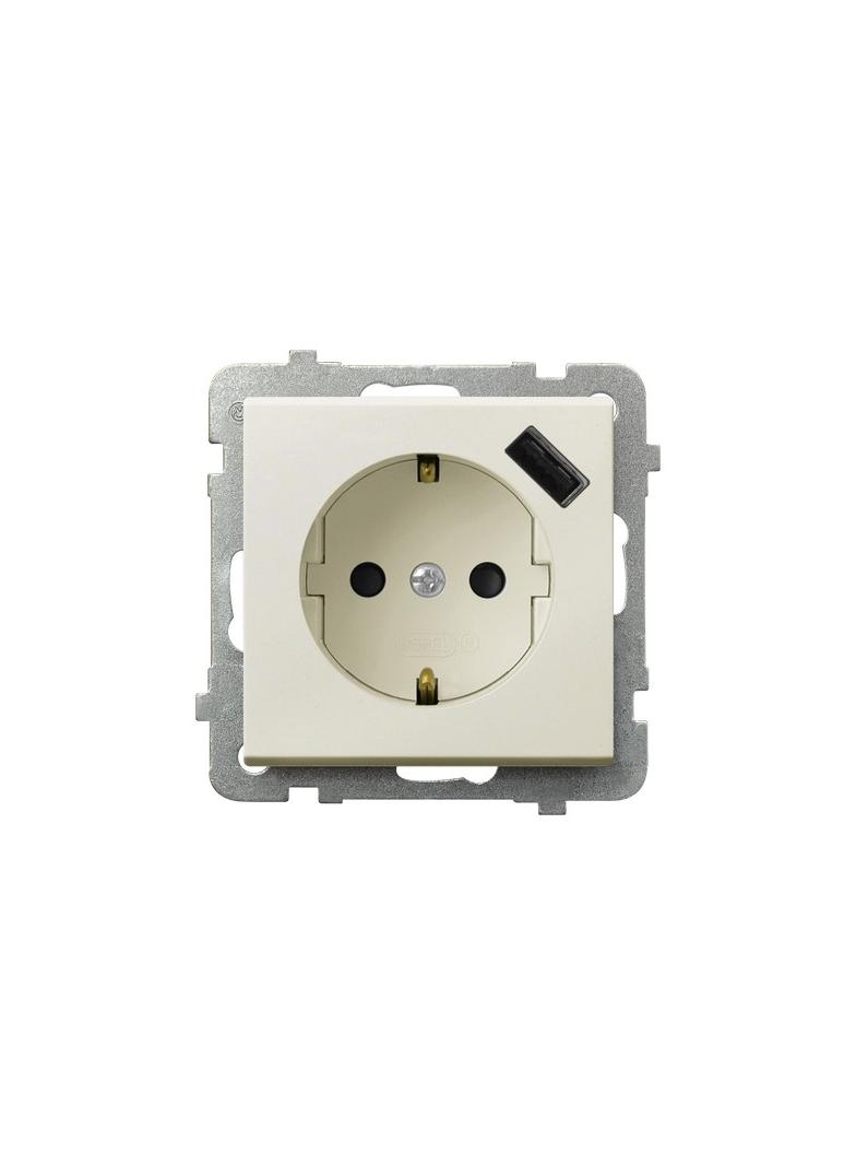 SONATA Gniazdo pojedyncze z uziemieniem schuko z przesłonami torów prądowych z ładowarką USB kolor ecru GP-1RSPUSB/m/27 OSPEL