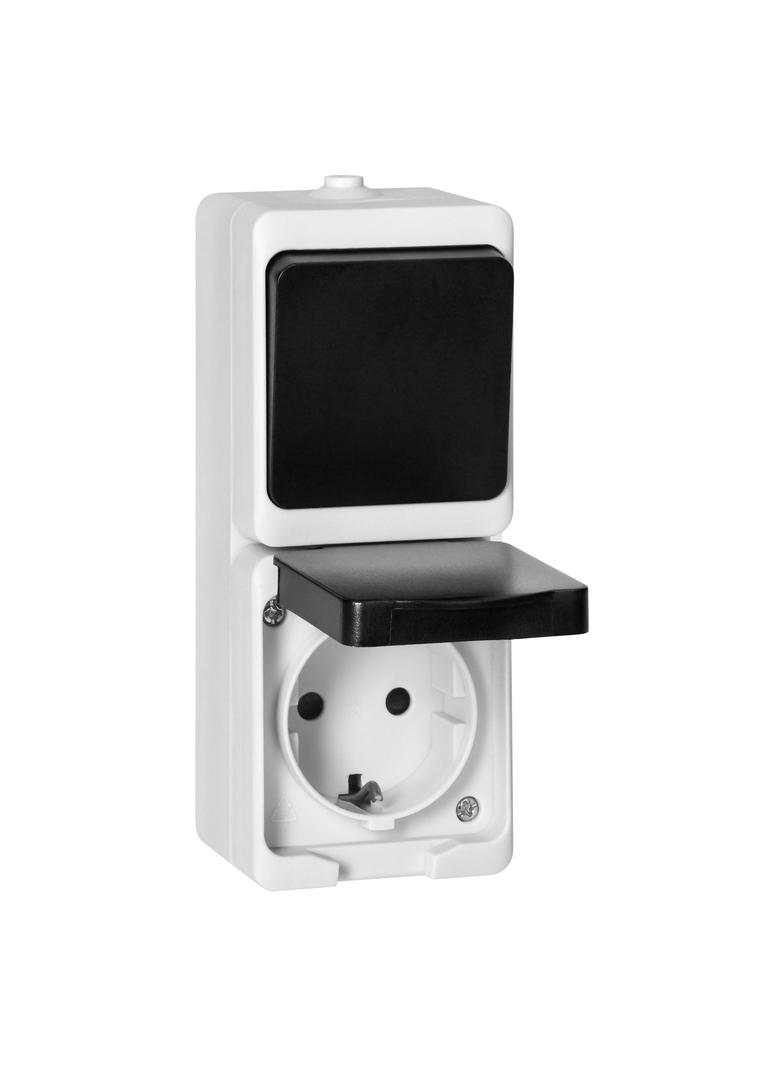 Łącznik jednobiegunowy + Gniazdo 2P+Z Schuko AQUATIC MINI IP54, 10/16A, 230V AC, biało-czarne