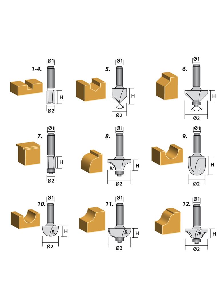 Frezy widiowe, trzpień 8 mm, zestaw 12 szt.