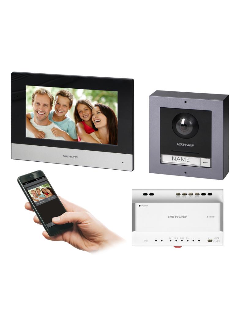 HIKVISION Zestaw wideodomofonowy 2-żyłowy, monitor 7'', dotykowy, Wi-Fi + App na telefon, stacja zew