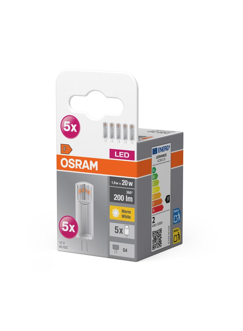 Żarówka LED x5 Kapsułka G4 1.8W = 20W 200lm 2700K Ciepła 12V 320° BASE Osram