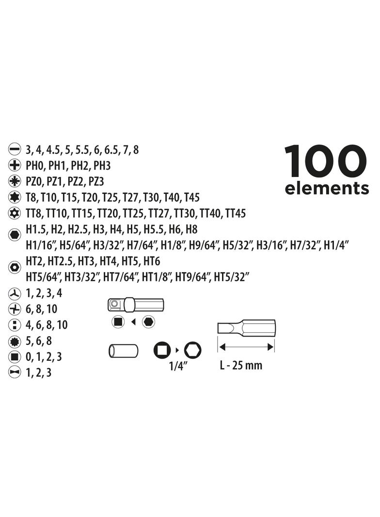 Końcówki wkrętakowe z uchwytem, zestaw 100 szt.