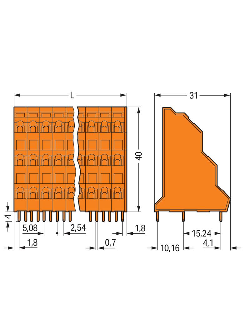 3-piętrowa listwa do pł. drukowanych 12-bieg. pomarańczowa raster 5,08 mm