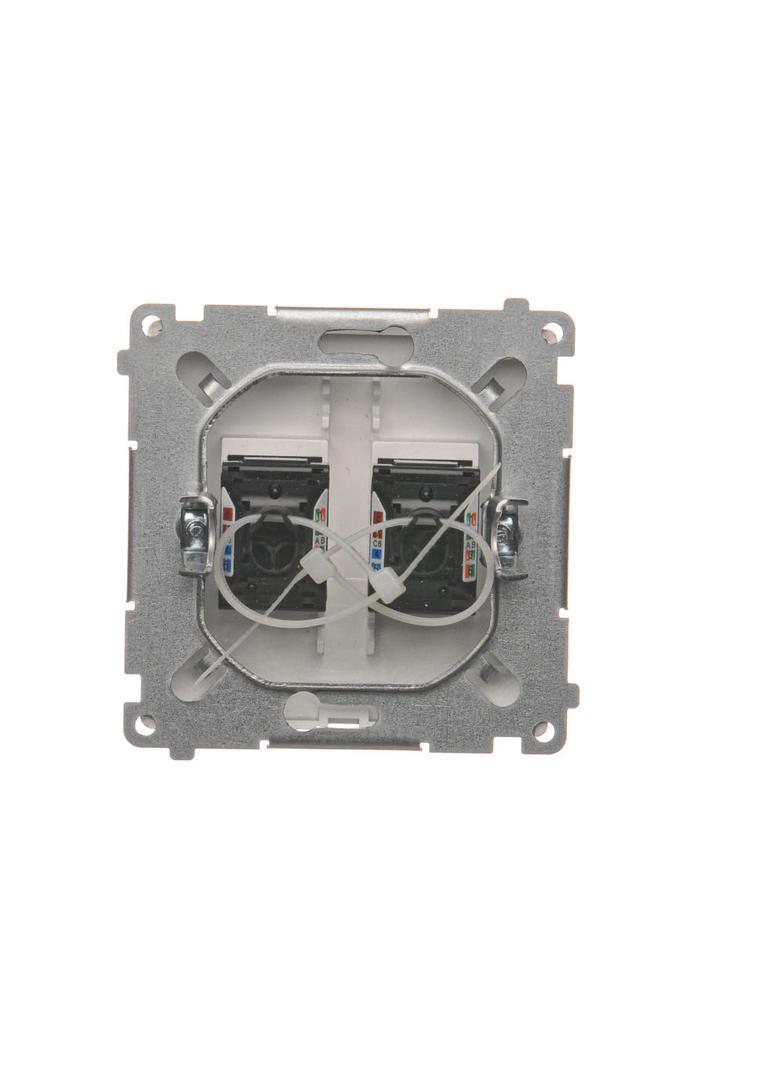 Simon Basic Gniazdo komputerowe RJ45 kategoria 6 podwójne z przesłoną przeciwkurzową . Montaż na łapki lub wkręty srebrny mat BM62.01/43 KONTAKT