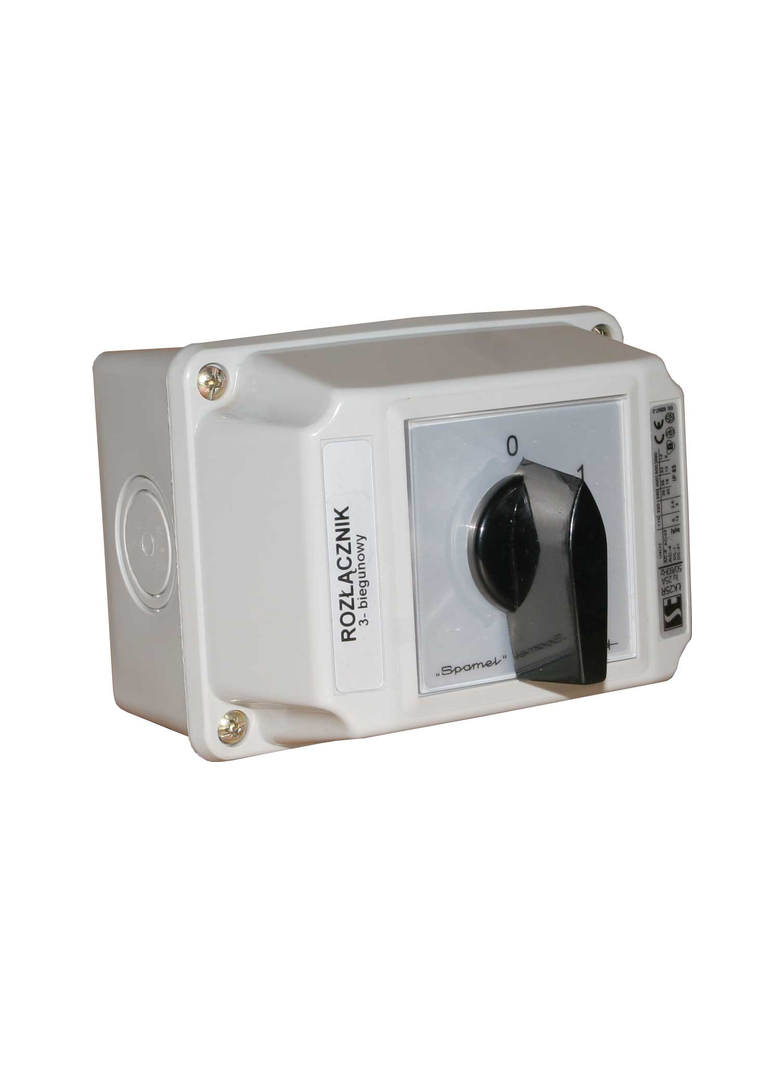 Łącznik Krzywkowy 15A, Rozłącznik 0-1 (3 - biegunowy),  w obudowie OB2 z czołem zamykanym żółto/czer