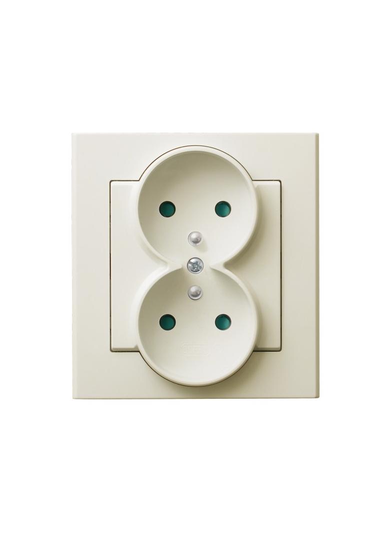 SONATA Gniazdo podwójne z uziemieniem z przesłonami torów prądowych, kompletne z ramką - kolor ecru