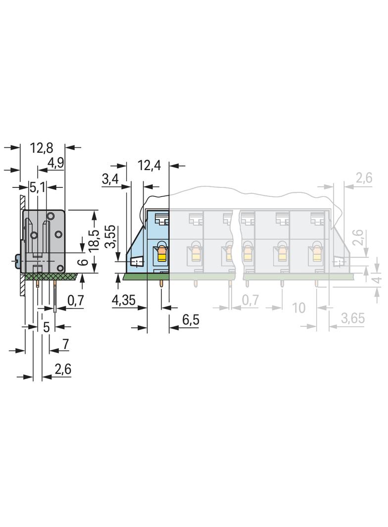 Złączka przepustowa do płytek drukowanych szara raster 5mm 741‑905 /100szt./ WAGO