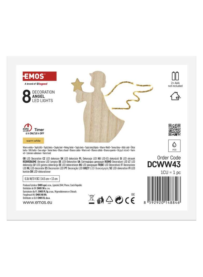 Ozdoba świąteczna anioł 8 LED 13 cm 2x AA ciepła biel IP20 timer DCWW43 EMOS