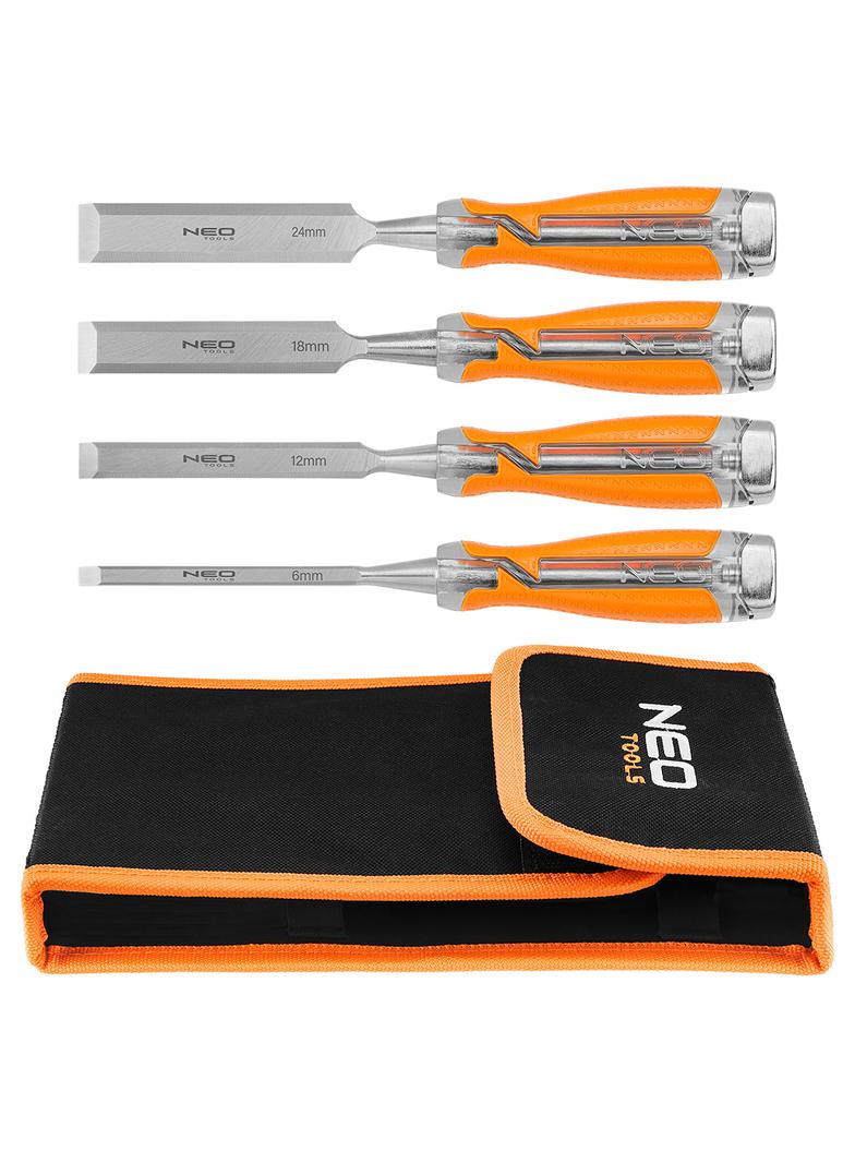 Dłuta 6, 12, 18, 24, zestaw 4 szt. Uchwyt dwukomponentowy. Pakowane w etui