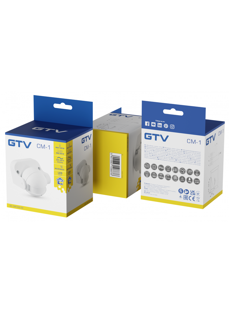 CZUJNIK MIKROFALOWY RUCHU CM-1, MAX 1200W, AC220-240V, 50/60HZ, KĄT DZIAŁANIA 180*, ZASIĘG 1-8M ± 1,