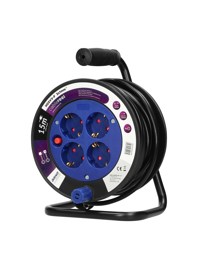 Przedłużacz bębnowy MINI 4 gniazda (Schuko) metalowy stojak polwinit H05VV-F 3x1mm2 - 15m OR-AE-1317