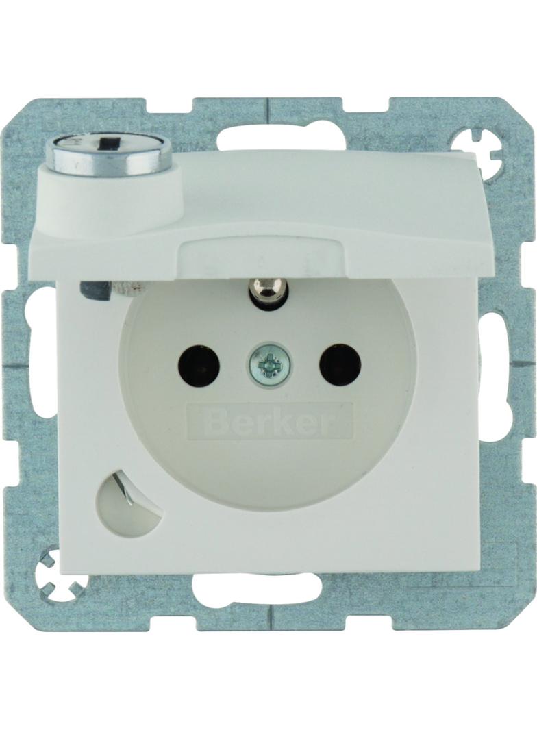 B.x Gniazdo z uziemieniem z pokrywą i zamkiem, biały mat