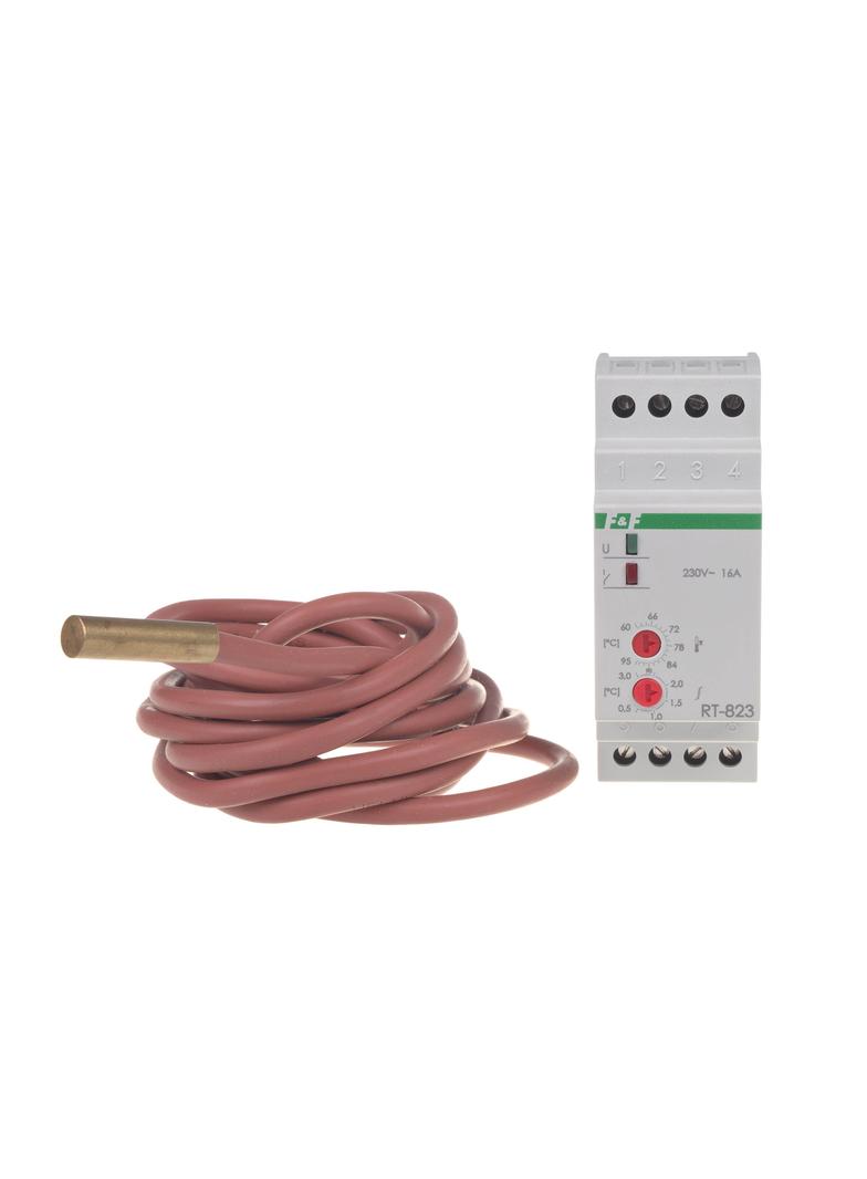 Regulator temperatury - zakres temperatur 60-95stC montaz na szynie DIN styk: 1Z/R 230V AC RT-823 F&F