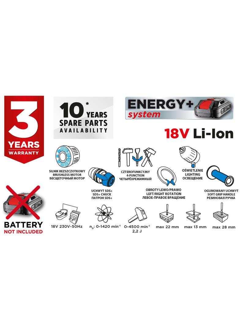 Młotowiertarka akumulatorowa bezszczotkowa Energy+ 18V, Li-Ion, udar 2.2J, bez akumulatora