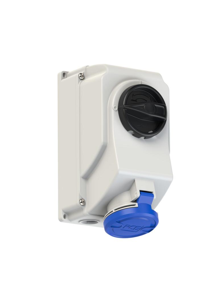 GNIAZDO Z WYŁĄCZNIKIEM 0-1 DUŻE BLOKADA MECHANICZNA 32A 230V 2P+Z IP44 IP44