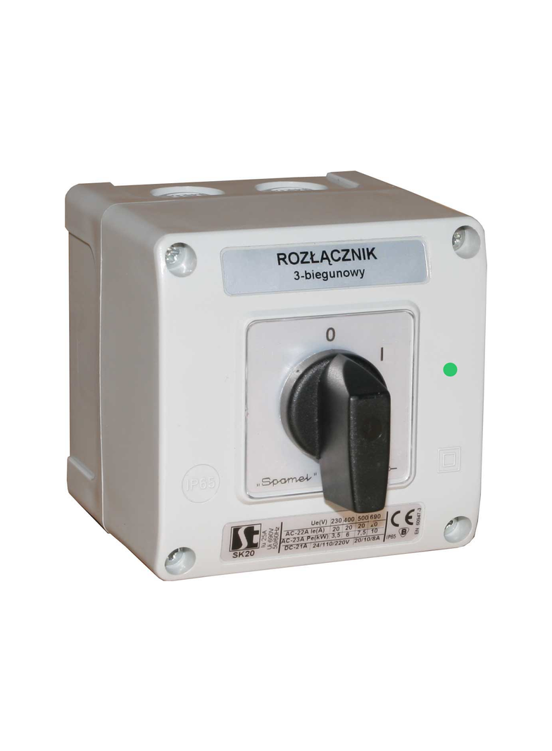 Łącznik Krzywkowy 10A, Rozłącznik 0-1 (4 - biegunowy),  w obudowie OB11 z czołem zamykanymz lampką