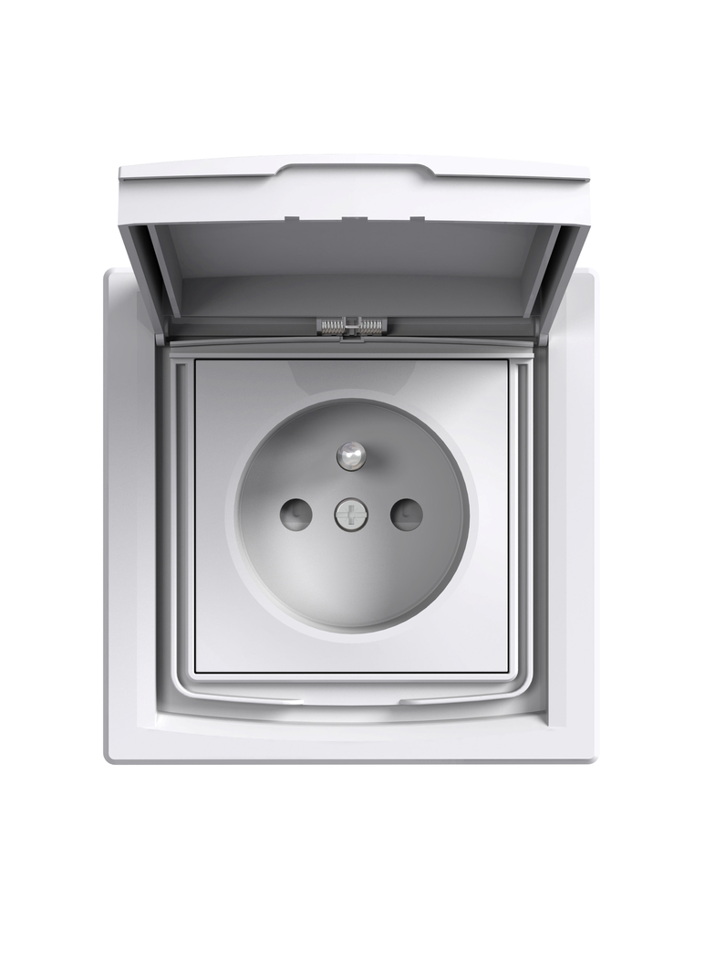 Asfora, gniazdo pojedyncze 2P+PE z przesłonami, IP44, biały