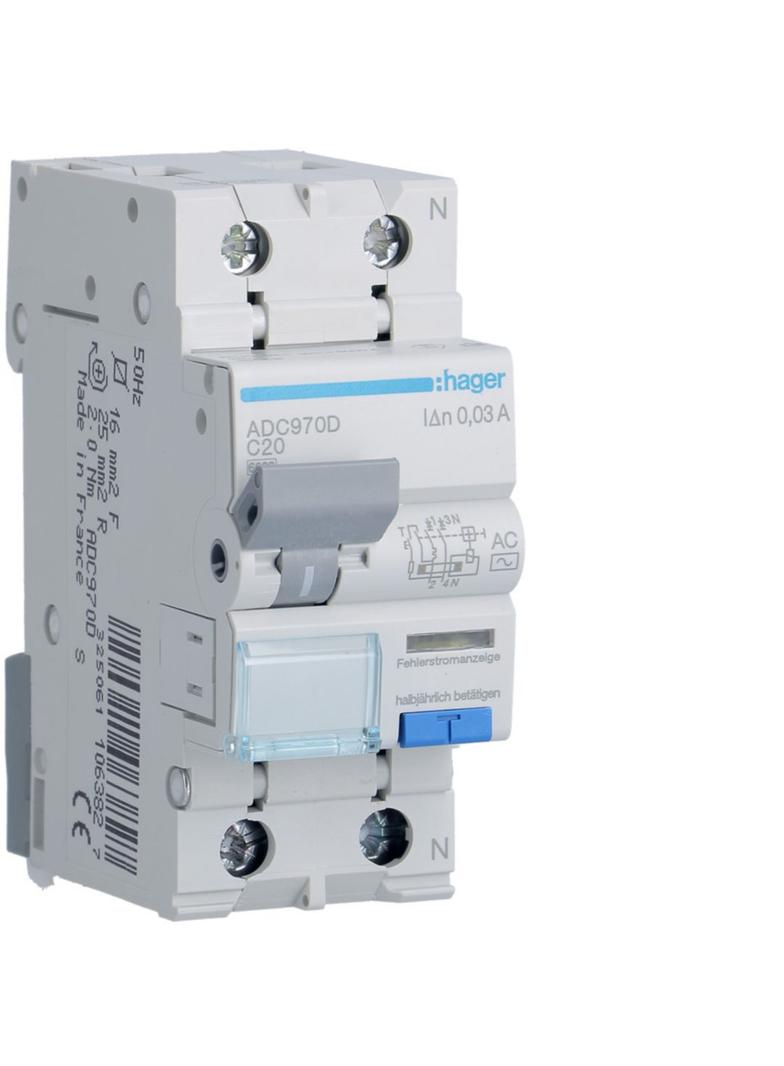 RCBO Wyłącznik różnicowoprądowy z członem nadprądowym 1P+N 6kA C20A 30mA Typ AC ADC970D HAGER