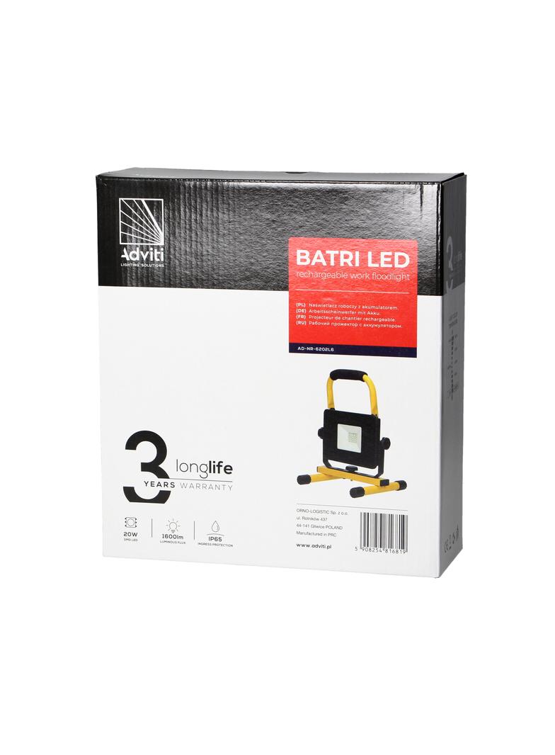 BATRI LED 20W, Naświetlacz roboczy, przenośny z akum., 1600lm, IP65, 6500K, 4400mAh AD-NR-6202L6 ORNO
