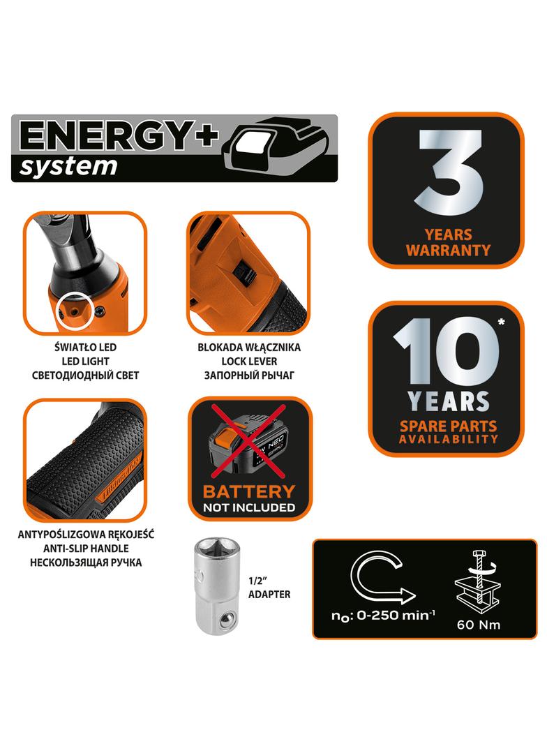 Grzechotka akumulatorowa Energy+ 18V, Li-lon, 3/8”, bez akumulatora, adapter 1/2"