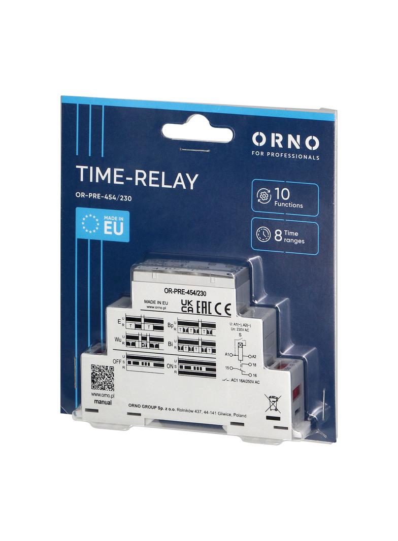 Przekaźnik czasowy 10 funkcji 230VAC OR-PRE-454/230 ORNO