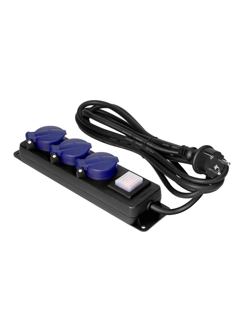 Przedłużacz warsztatowy bryzgoszczelny z wyłącznikiem IP44, 3 gniazda 2P+Z IP44, przewód gumowy, H05