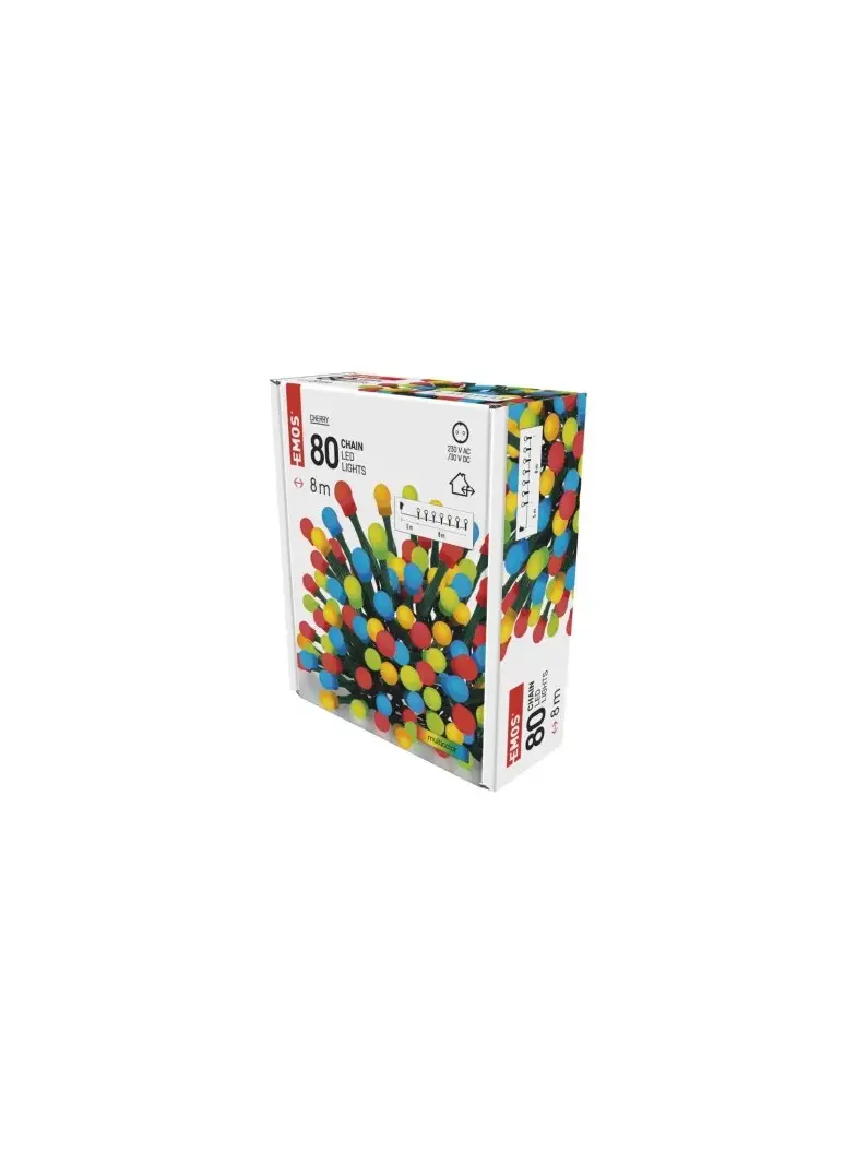 Lampki choinkowe 80 LED cherry 8m, multokolor, zielony przewód, IP44, timer