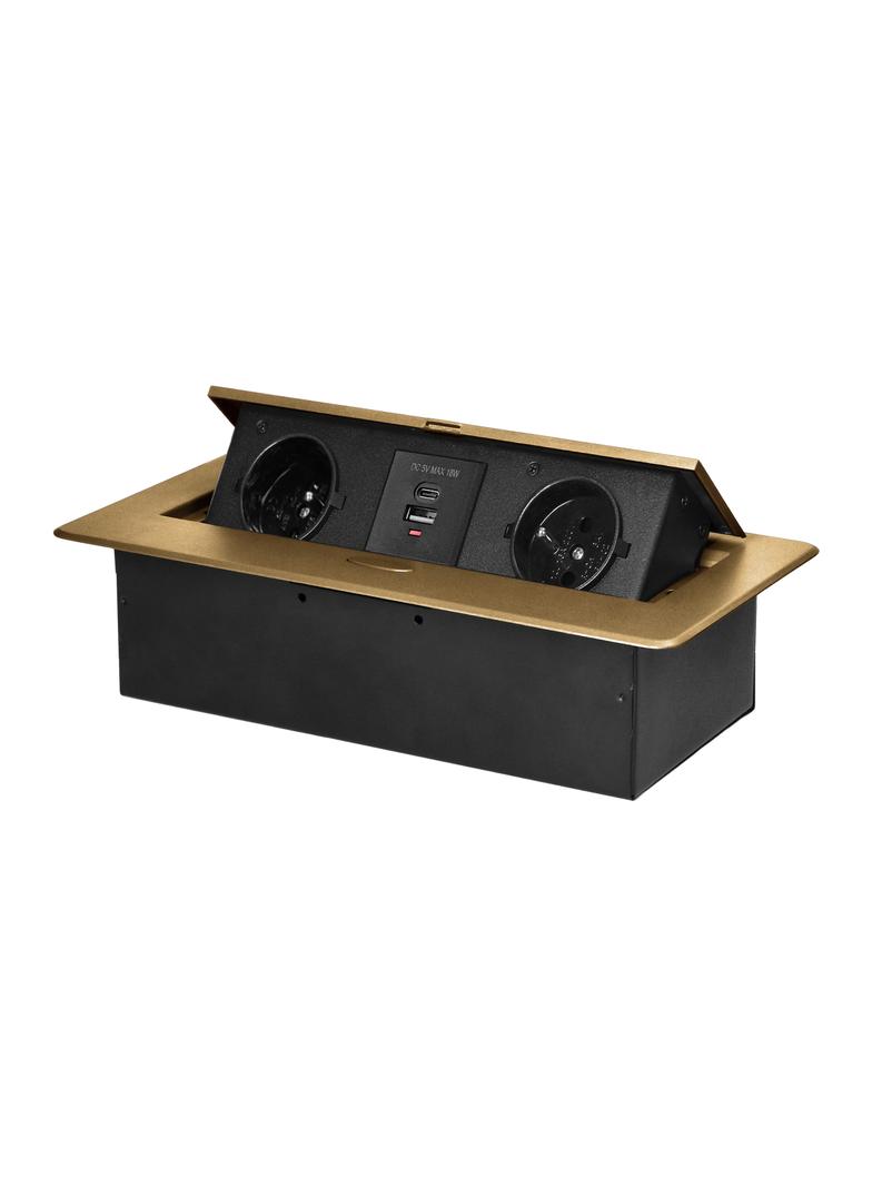 Gniazdo meblowe wpuszczane w blat z płaskim frezowanym rantem i ładowarką USB, 2x2P+Z, 2xUSB (typ A+