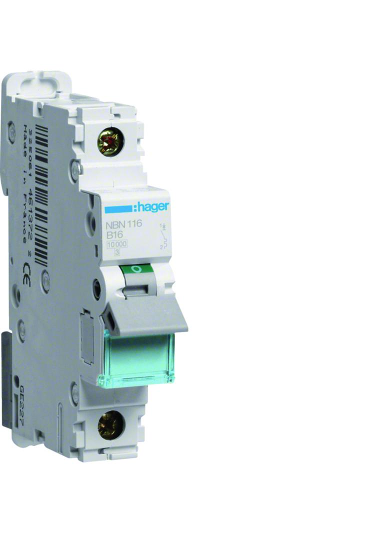 MCB Wyłącznik nadprądowy 10kA/15kA 1P B 16A NBN116 HAGER
