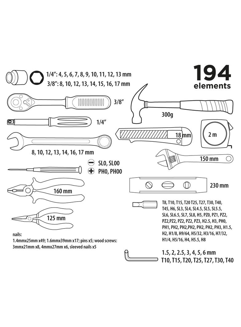 Zestaw narzędziowy 1/4", 3/8" 194 szt.