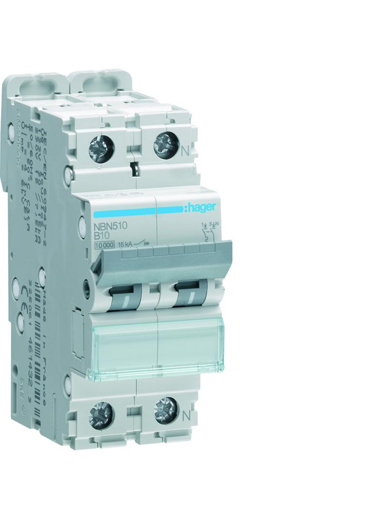 MCB Wyłącznik nadprądowy 10kA/15kA 1P+N B 10A NBN510 HAGER