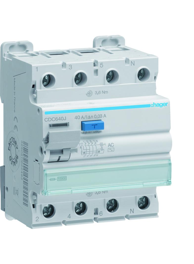 RCCB Wyłącznik różnicowoprądowy 3P+N 40A 30mA 10kA AC CDC640J HAGER
