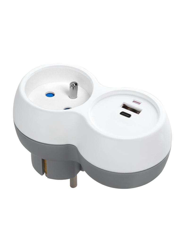 Rozgałęźnik 2P+Z, USB-A+C, biało-szary