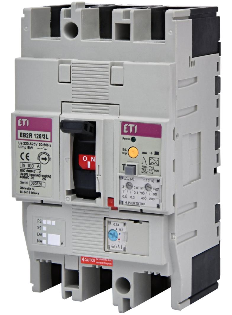 Wyłącznik 3P 25kA z blokiem różnicowoprądowym EB2R 125/3L 100A 3P 004671505 ETI