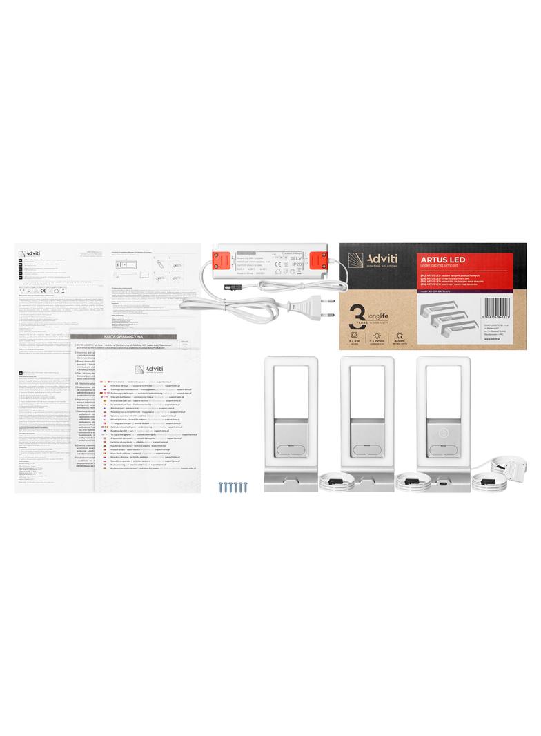 ARTUS zestaw 3 lampek podszafkowych LED, 3x3W, 3x225lm, 4000K, z włącznikiem dotykowym i USB, szare