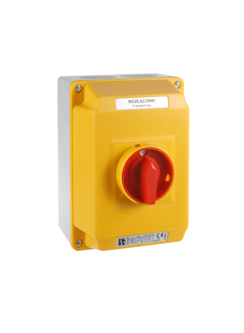 Łącznik Krzywkowy 15A, Rozłącznik 0-1 (4 - biegunowy),  w obudowie OB4 z czołem żółto/czerwonym