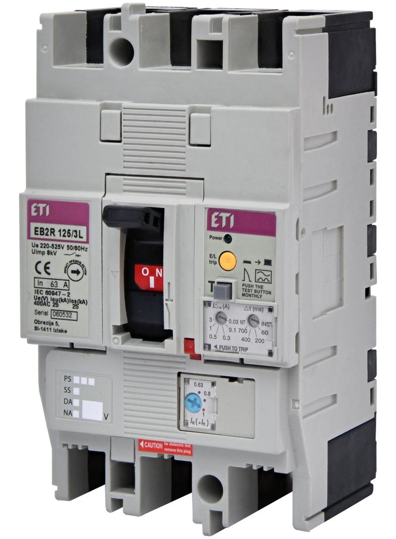 Wyłącznik 3P 25kA z blokiem różnicowoprądowym EB2R 125/3L 63A 3P 004671504 ETI